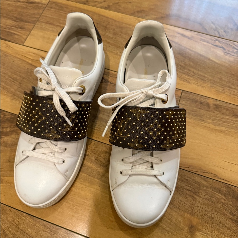 Louis Vuitton White and Brown Sneakers with Gold Accents